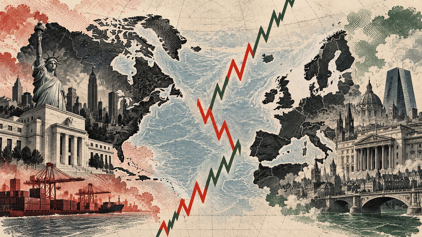 Illustrazione di America ed Europa separate da una linea finanziaria a zigzag rossa e verde
